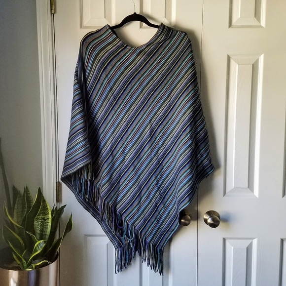 Cejon Striped Blanket Poncho with Fringe - Picture 1 of 5